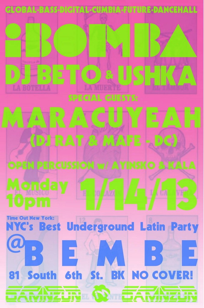 Maracuyeah guest djing at iBomba in Brooklyn on Monday, January 14th, 2012. Bembe- 81 South 6th St.